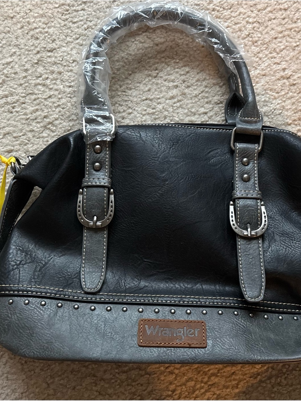 Wrangler Black Faux Leather Crossbody Satchel with Silver Buckles